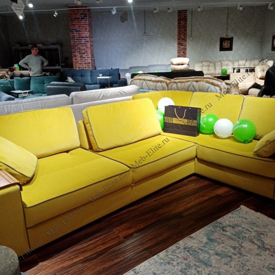 Диван-кровать Штутгарт угловой ЕКД ткань 7 категории, кант в коже желтый —купить со склада в интернет магазине мебели
