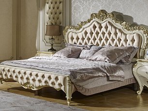 Спальня Шанталь комплект: кровать 180х200 с мягким изголовьем + 2 тумбы прикроватные + стол туалетный с зеркалом + шкаф-купе с зеркалом шампань+золото