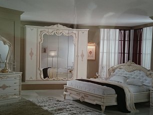 Спальня Диана комплект: кровать 160х200 + 2 тумбы прикроватные + комод с зеркалом + шкаф 6 дверный беж лак глянец