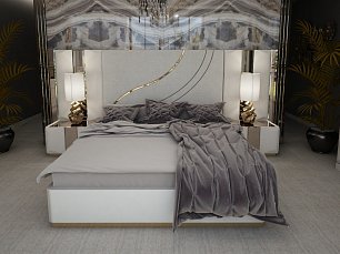 Спальня Лира комплект: кровать 180х200 с мягким изголовьем + 2 тумбы прикроватные + стол туалетный с зеркалом + шкаф-купе с зеркалом