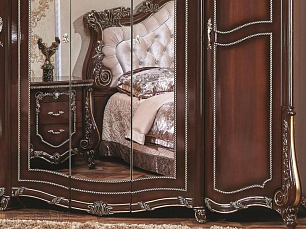 Спальня Монреаль АРД комплект: кровать 180х200 + 2 тумбы прикроватные + туалетный стол с зеркалом + пуф + шкаф 5 дверный с зеркалом орех глянец