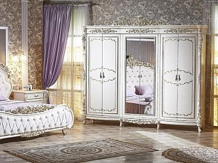 Спальня Версаль АРД комплект: кровать 180х200 ЛФ + 2 тумбы прикроватные + туалетный стол с зеркалом + пуф + шкаф 6 дверный с зеркалом крем глянец