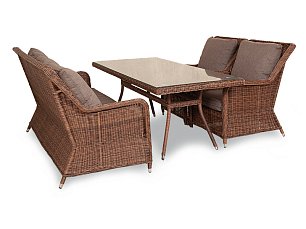 Комплект Гляссе из искусственного ротанга: стол обеденный 160х90 + диван + 2 кресла коричневый