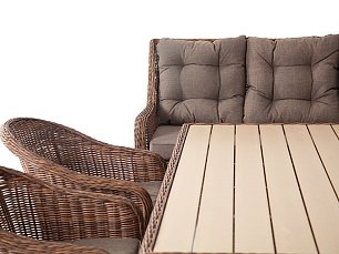Комплект Бергамо угловой из искусственного ротанга: стол обеденный 180х100 + диван угловой + 3 кресла коричневый