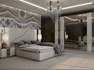 Спальня Лира комплект: кровать 180х200 с мягким изголовьем + 2 тумбы прикроватные + стол туалетный с зеркалом + шкаф-купе с зеркалом