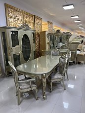 Столовая Алисия комплект: витрина 4 дверная + буфет с зеркалом + стол обеденный 240/280х120 + 4 стула + 2 стула с подлокотниками