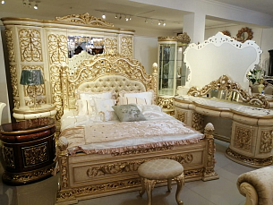 Спальня Шейх комплект: кровать 180х200 + 2 тумбы прикроватные + стол туалетный с зеркалом + шкаф 6 дверный с зеркалом + пуф беж